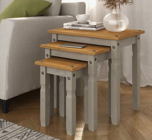 Corona Grey Wax Nest of 3 Tables Side Occasional Stands Solid Mexican Pine