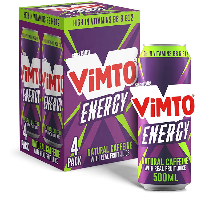 Vimto Energy Drink – Original Flavour – Natural Caffeine & B Vitamins – 4 x 500ml Multipack Cans