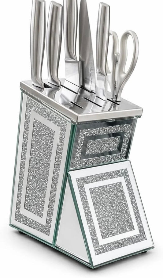 Silver Crystal Mirror Knive Holder with Crushed Diamond, Glass, Kitchen