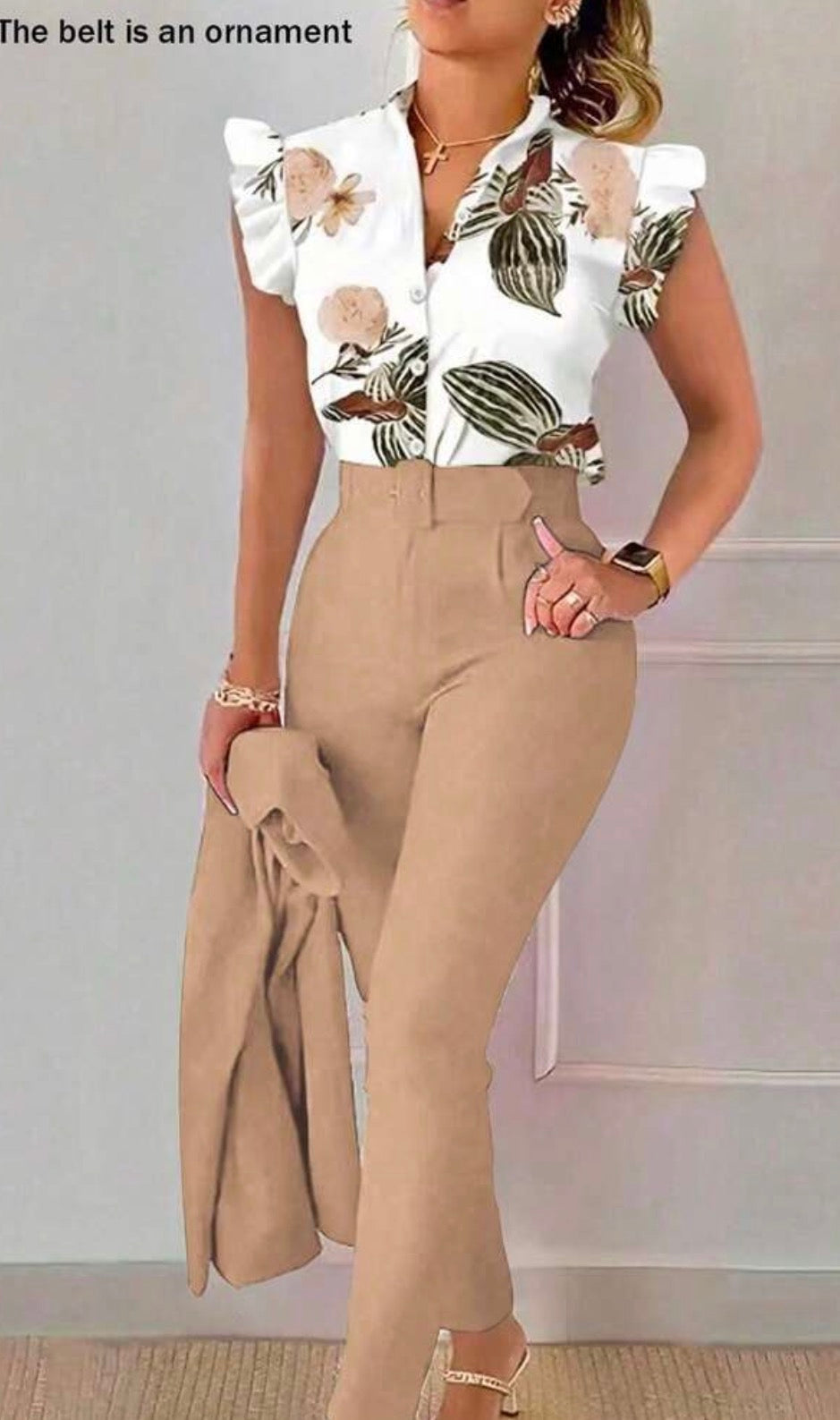 Women's Polka Dot Print Cap Sleeve Blouse And Pants Elegant Two Pieces Set (Belt Is Decorative)