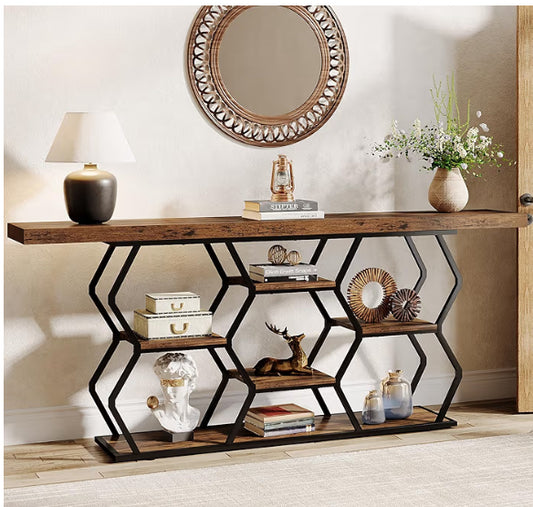Tribesigns 180CM Console Sofa Table with 6 Storage Shelves,Industrial Entryway Couch Table Behind Sofa for Living Room, Hallway, Foyer, Dinning Room, Bedroom, Easy Assembly, Rustic Brown
