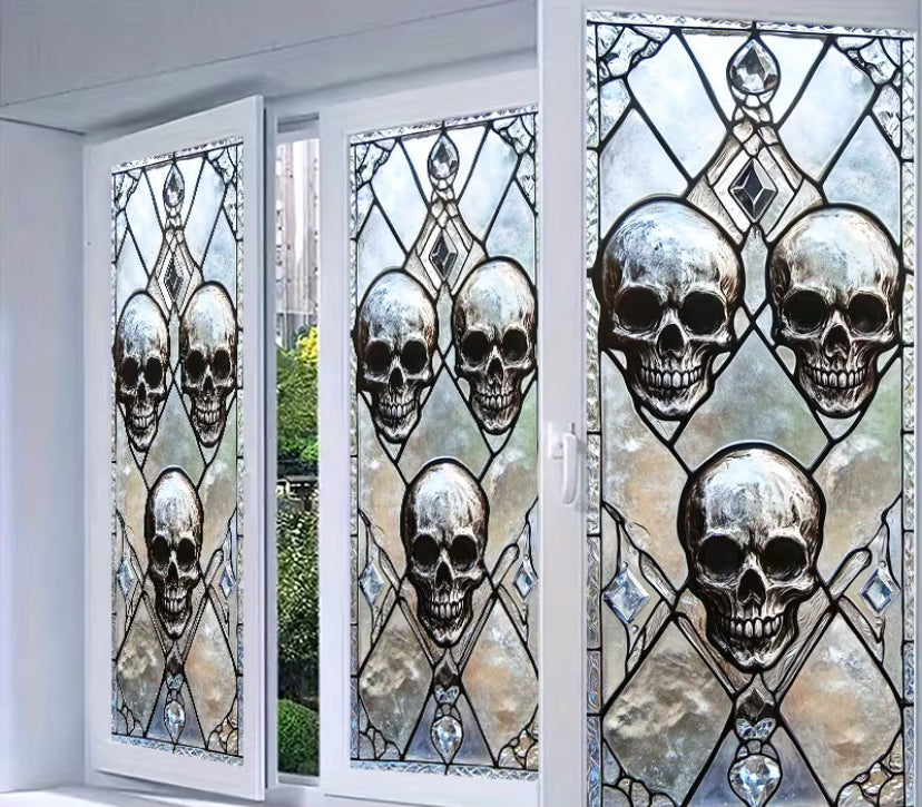 Window Privacy Film Featuring a Transparent Skull And Green Leaf Design with a Dreamy Dark Aesthetic.