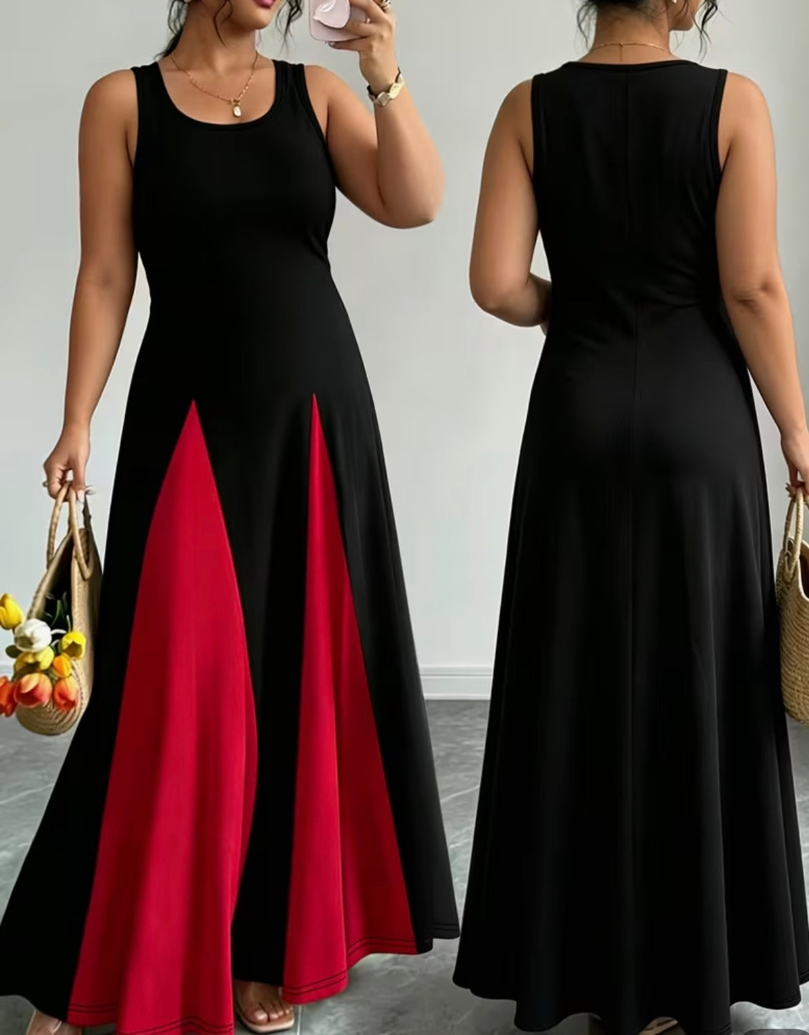 Summer New Arrival Women's Fashion Solid Color Sleeveless Round Neck Vest Dress with Contrast Hem