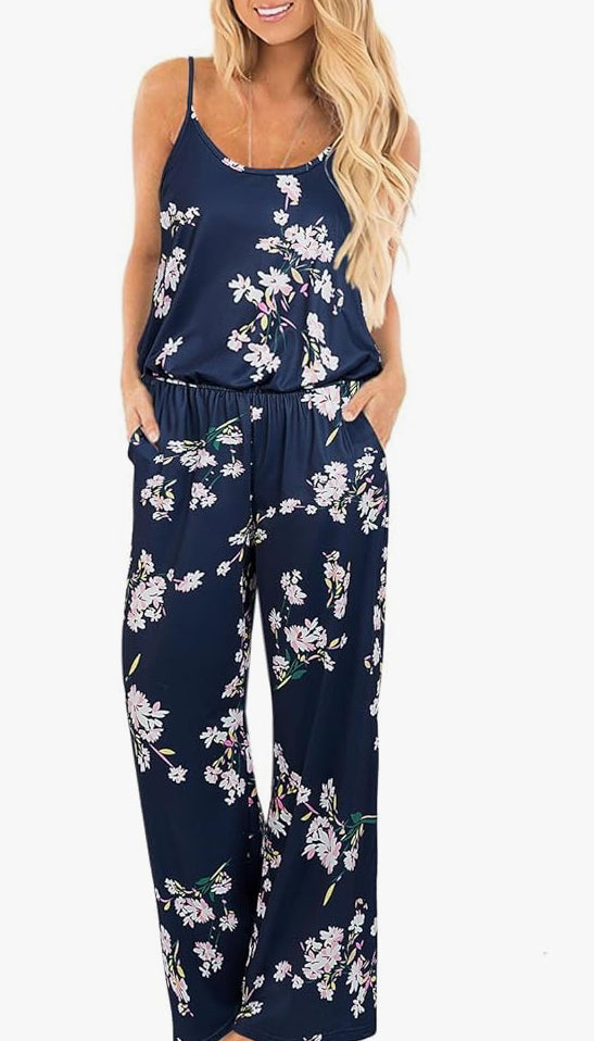 Women's Summer Jumpsuits Sleeveless Wide Leg Pants Casual Playsuit With Pockets
