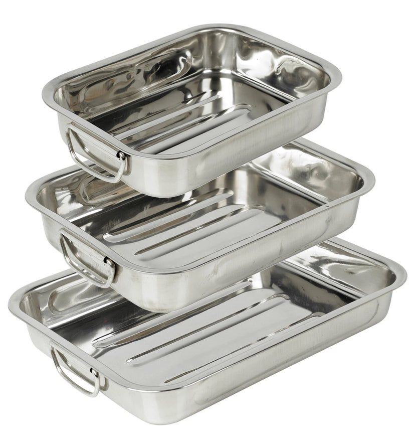 3 Pcs Stainless Steel Roasting Oven Trays Tins Dish Set Roaster Bakeware Pans