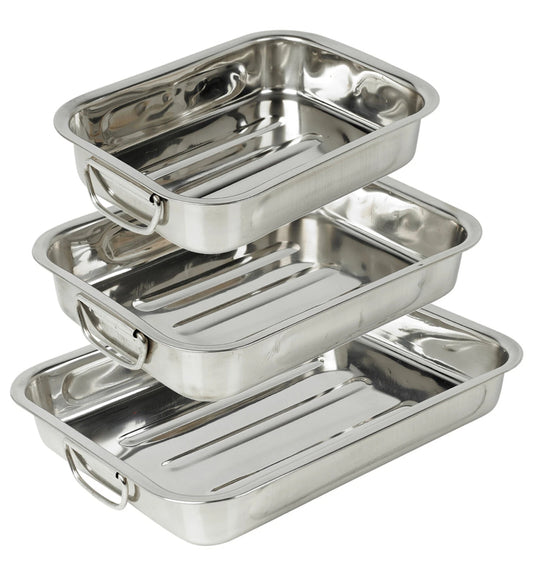3 Pcs Stainless Steel Roasting Oven Trays Tins Dish Set Roaster Bakeware Pans