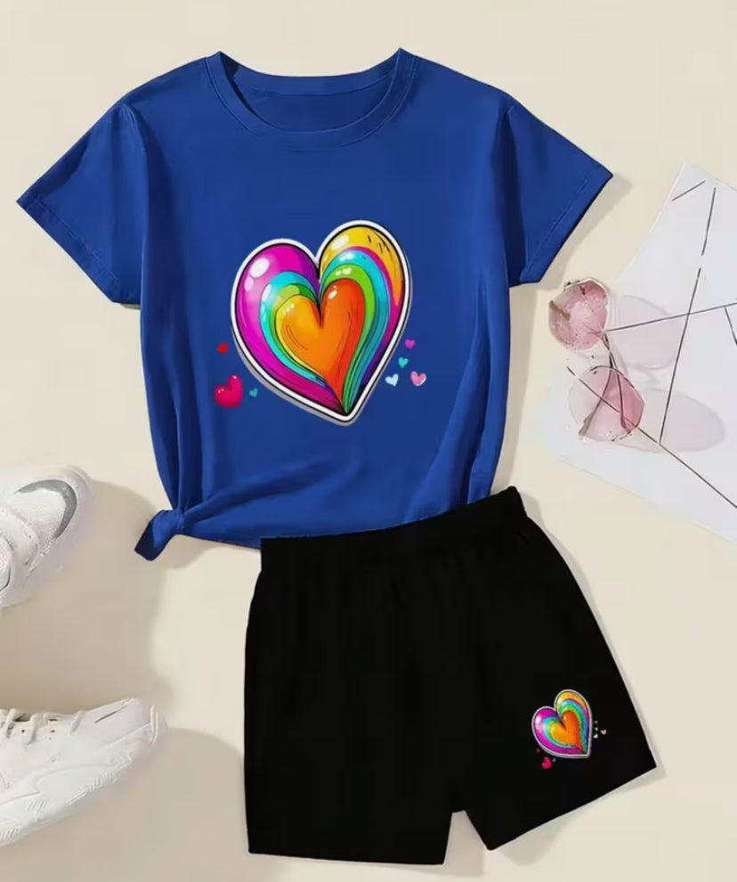 Cute Cartoon Rainbow Heart-Shaped Girls' Short Sleeve and Shorts 2pcs Set
