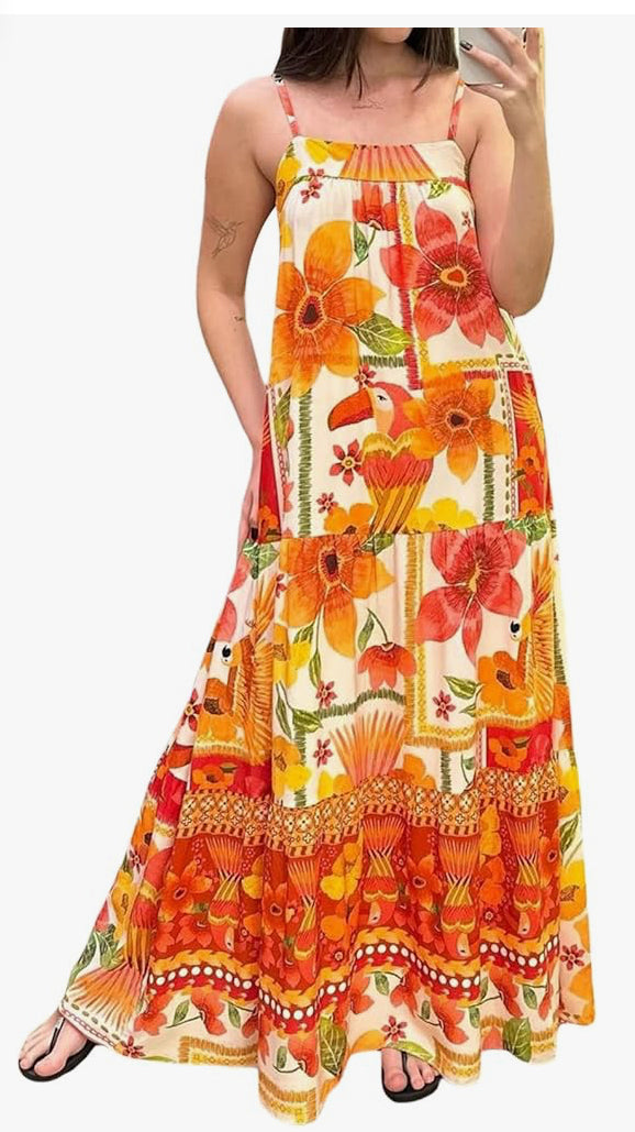 Women's Summer Boho Dress Casual Vintage Print Sleeveless A-Line Party Dress Cocktail Beach Vacation Dress