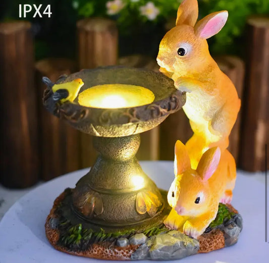 1 Pack Solar Rabbit Birdbath Garden Statue with LED Light - Whimsical Outdoor Decor Featuring Resin Rabbits, Automatic Night Illumination, IPX4 Outdoor Statue for Lawn, Yard, Porch, Patio - Ideal Gift to Enhance Your Outdoor Ambiance
