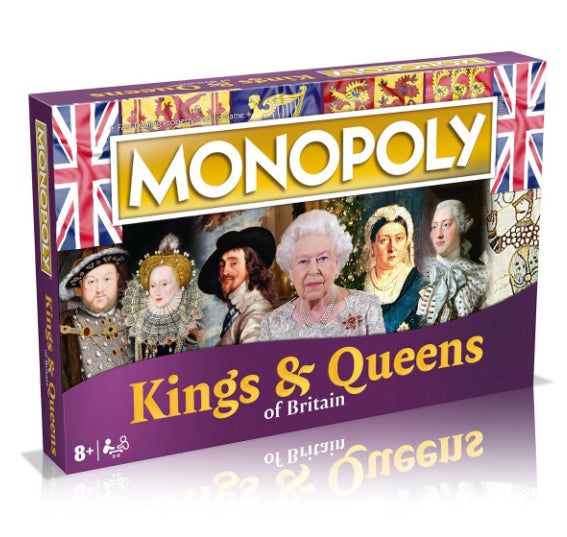 Winning Moves Kings and Queens of Britain Monopoly Board Game, Advance to Alfred the Great, Henry VIII, Victoria and Elizabeth II, expand your empire and trade your way to success, for ages 8 plus