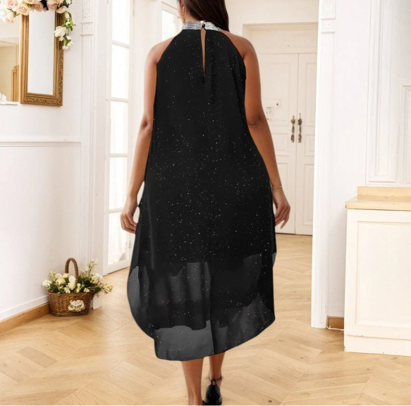 Plus Size Womens Chiffon Halter Neck Glitter Sequin A-Line Party Ball Gown Dress
