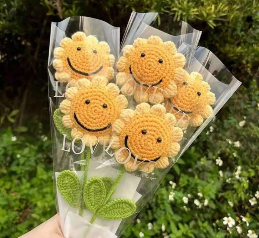 6pcs Handmade Crochet Bubble Flowers, Artificial Woven Flowers, Smiling Woven Faux Flowers, Preserved Flowers