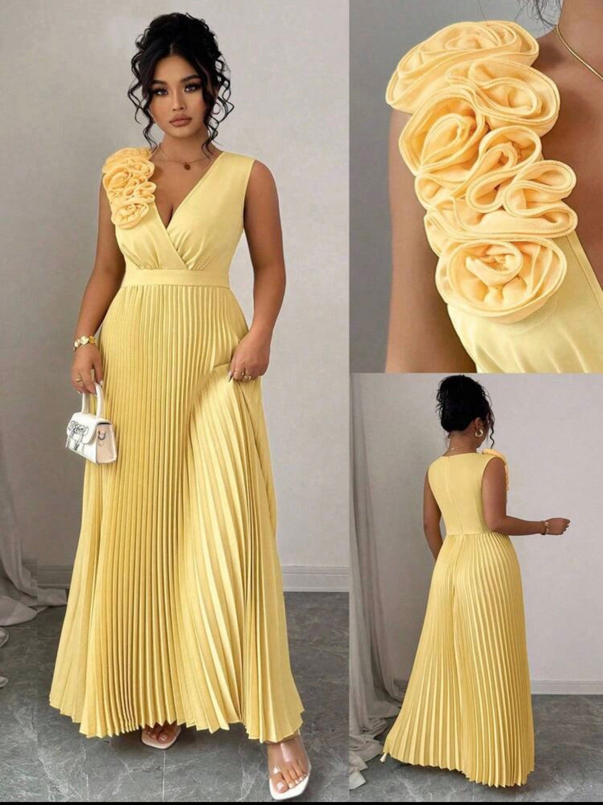Plus Size Elegant Cream Yellow Pleated A-Line Dress, V-Neck, Sleeveless