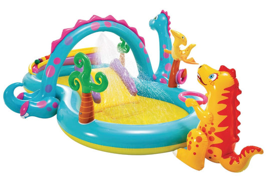 Dinoland Play Center-Inflatable water play center, assorted model (with and without volcano), multi-colored, 333x229x112 cm-280 Liters