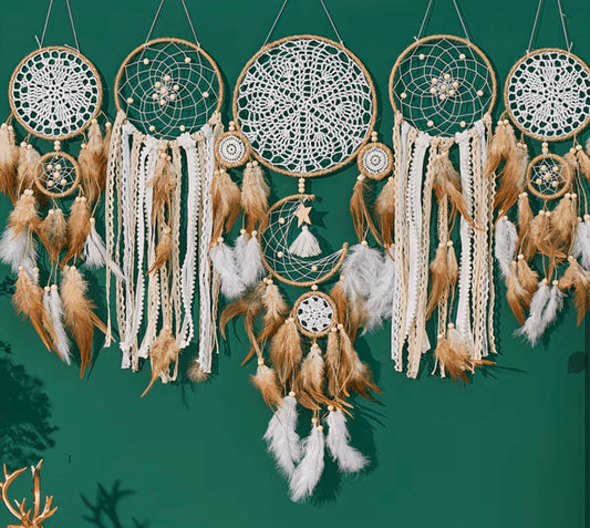 5pcs Large Metal Dream Catcher Set with Decorations Moon and Sun Design Boho Macrame Woven Wall Hanging Room Decor