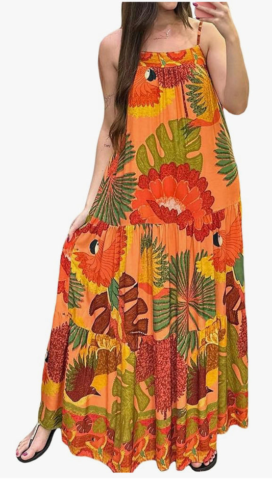 Women's Summer Boho Dress Casual Vintage Print Sleeveless A-Line Party Dress Cocktail Beach Vacation Dress