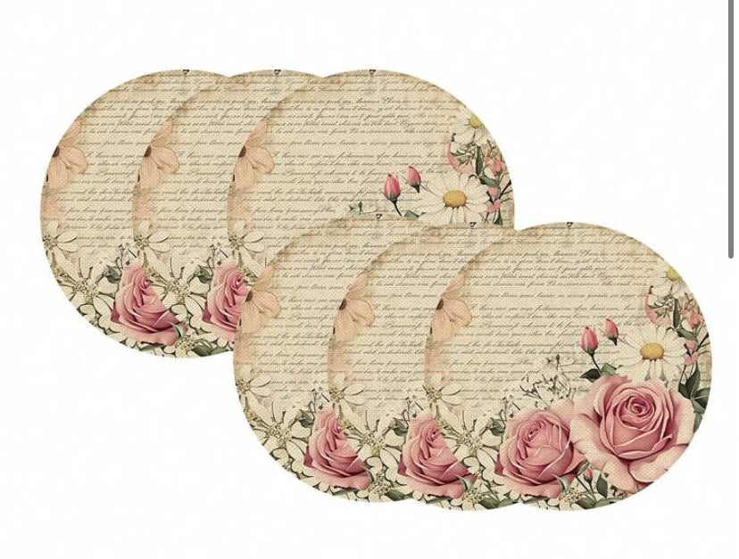 Pink Rose Pattern Linen Placemats, Round Floral Woven Dining Table Mats