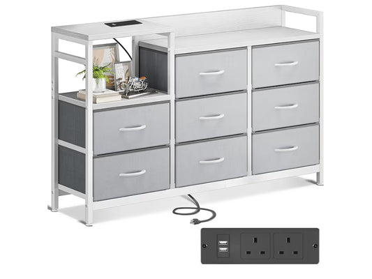Chest of Drawers Bedroom, Contains 2 USB & 2 AC Ports Sockets, Storage Dresser with 8 Fabric Drawers Suitable for Bedrooms, Living Rooms