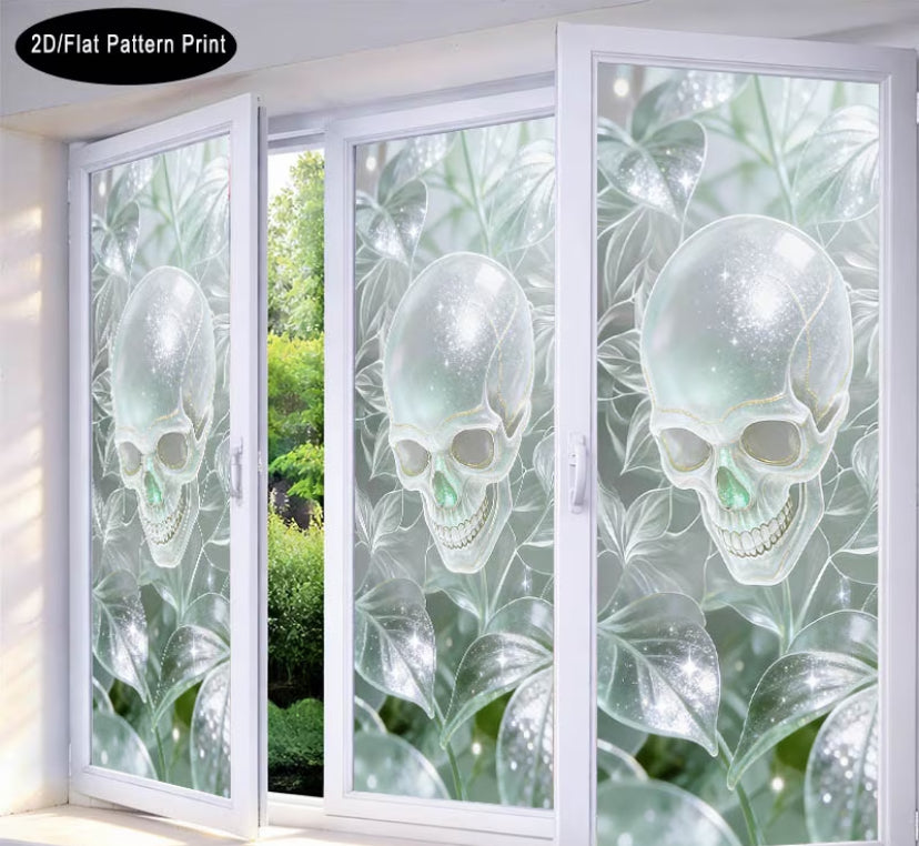 Window Privacy Film Featuring a Transparent Skull And Green Leaf Design with a Dreamy Dark Aesthetic.