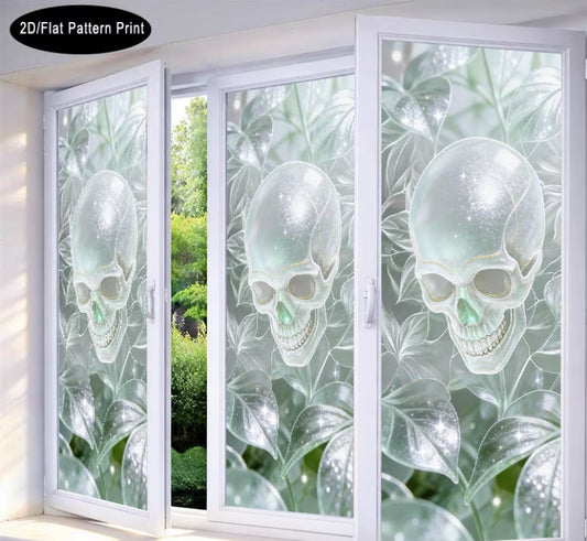 Window Privacy Film Featuring a Transparent Skull And Green Leaf Design with a Dreamy Dark Aesthetic.