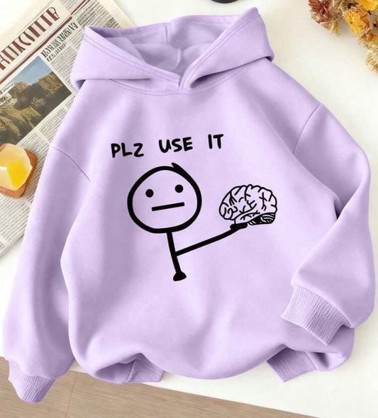 Teen Girl Long Sleeved Hooded Sweatshirt With A "PLZ USE IT" Print Pattern