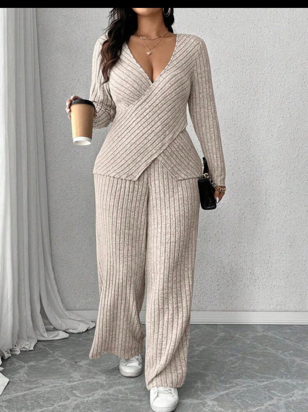 Soft Knit Ribbed Fabric Criss-Cross Wrap Long Sleeve T-Shirt + Soft Ribbed Wide Leg Pants