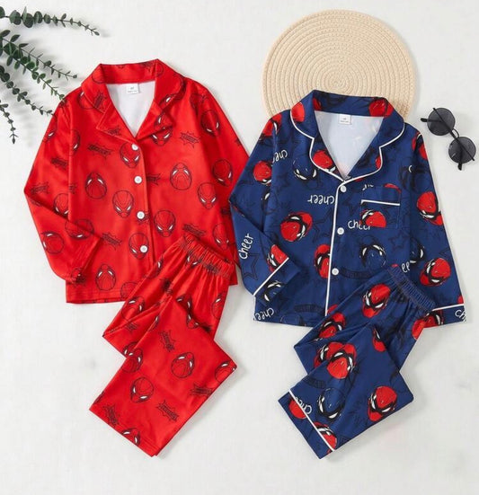 2pcs Young BoyPlayful Spider Graphic Knit Polo Collar Tee And Shorts Pajama Set