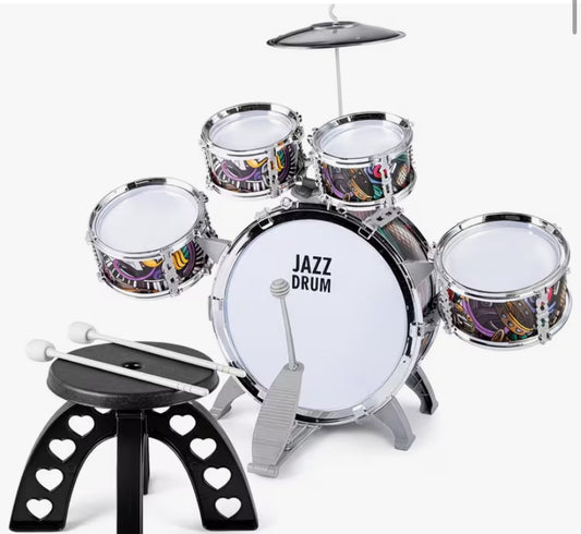 Complete Jazz Drum Set with Stool & Drumsticks, 5-Piece Beginner Drum Kit with Bass Pedal, Realistic Musical Instrument Set for Beginners, Music Enthusiasts & Practice