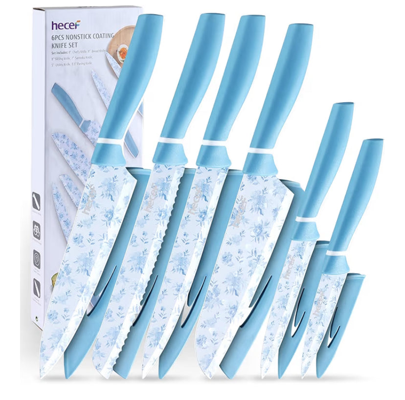hecef Blue & White Porcelain Coated Knife Set, 6-Piece Stainless Steel Non-Stick Kitchen Knives with Ergonomic Handle, Protective Sheaths, Floral Design