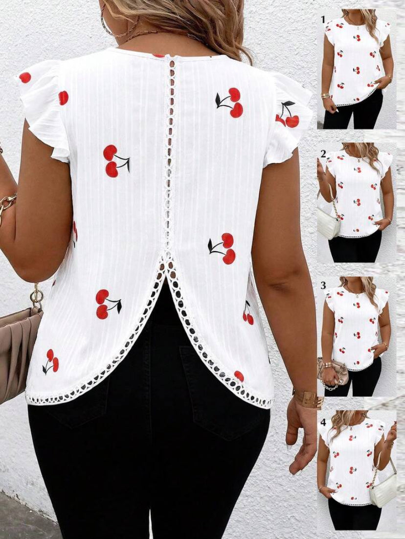 Plus Size Cherry Print Textured Fabric Ruffle Asymmetrical Hem Short Cap Sleeve