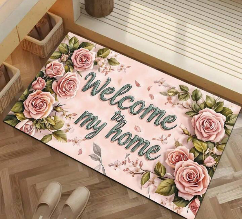 Entrance Rug, Pink Roses Welcome Home Monogrammed Rug, Polyester Non-Slip