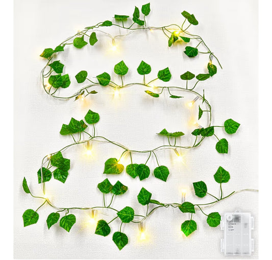 Dalugo Ivy Battery Fairy Lights, 2M 20LED Warm White Battery Operated Vine Fairy Lights with 6h Timer, IP65 Waterproof Artificial Ivy Leaf Garland with String Lights for Garden,Wedding,Home Wall Decor