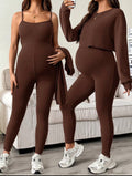 2pcs/Set Maternity Solid Color Drop Shoulder Long Sleeve T-Shirt And Jumpsuit Casual Outfit