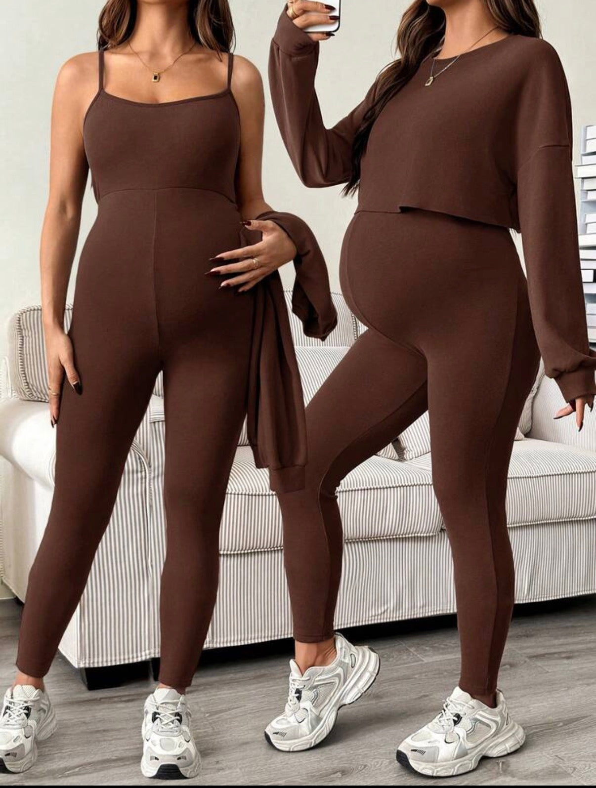 2pcs/Set Maternity Solid Color Drop Shoulder Long Sleeve T-Shirt And Jumpsuit Casual Outfit