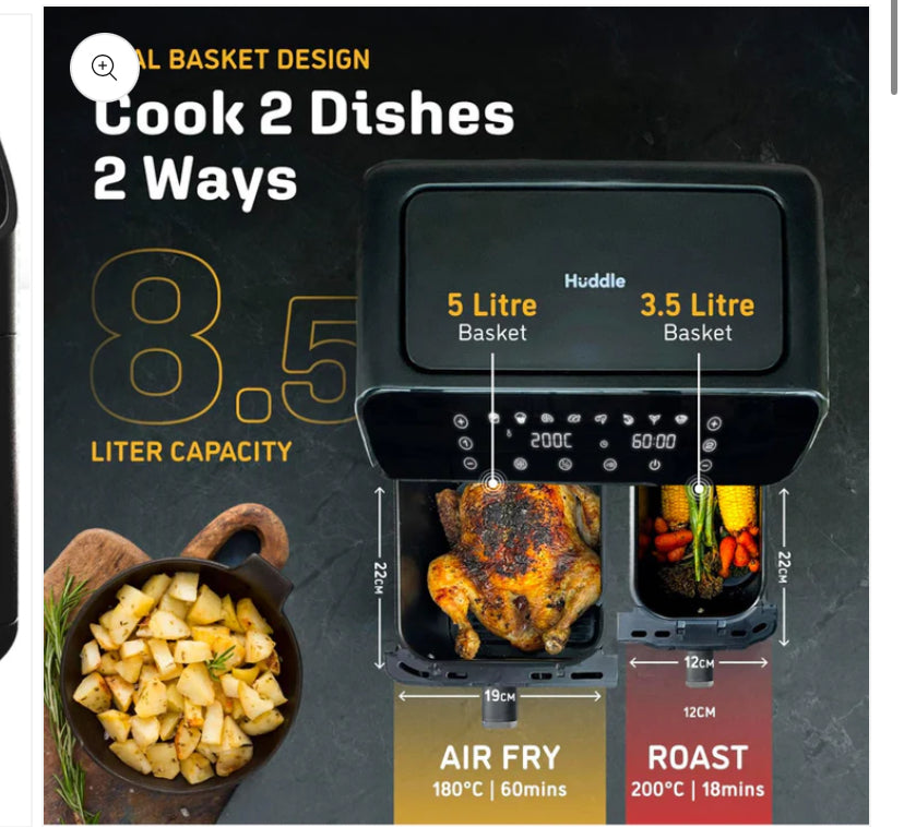 8.5L Premium Dual Basket Air Fryer - 1 Year Cover - Save on your Annual Energy Bill - UK Design with Innovative Match Cooking Technology™ - Faster, Cheaper, Oil Free Cooking