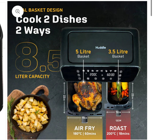 8.5L Premium Dual Basket Air Fryer - 1 Year Cover - Save on your Annual Energy Bill - UK Design with Innovative Match Cooking Technology™ - Faster, Cheaper, Oil Free Cooking