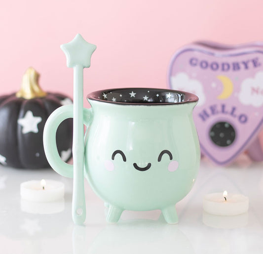 MINT GREEN CAULDRON MUG WITH WAND STIRRER