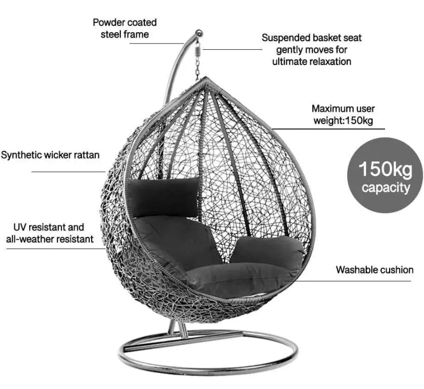Hanging Egg Chair Rattan Swing Garden Hammock with Cushions for Outdoor Indoor