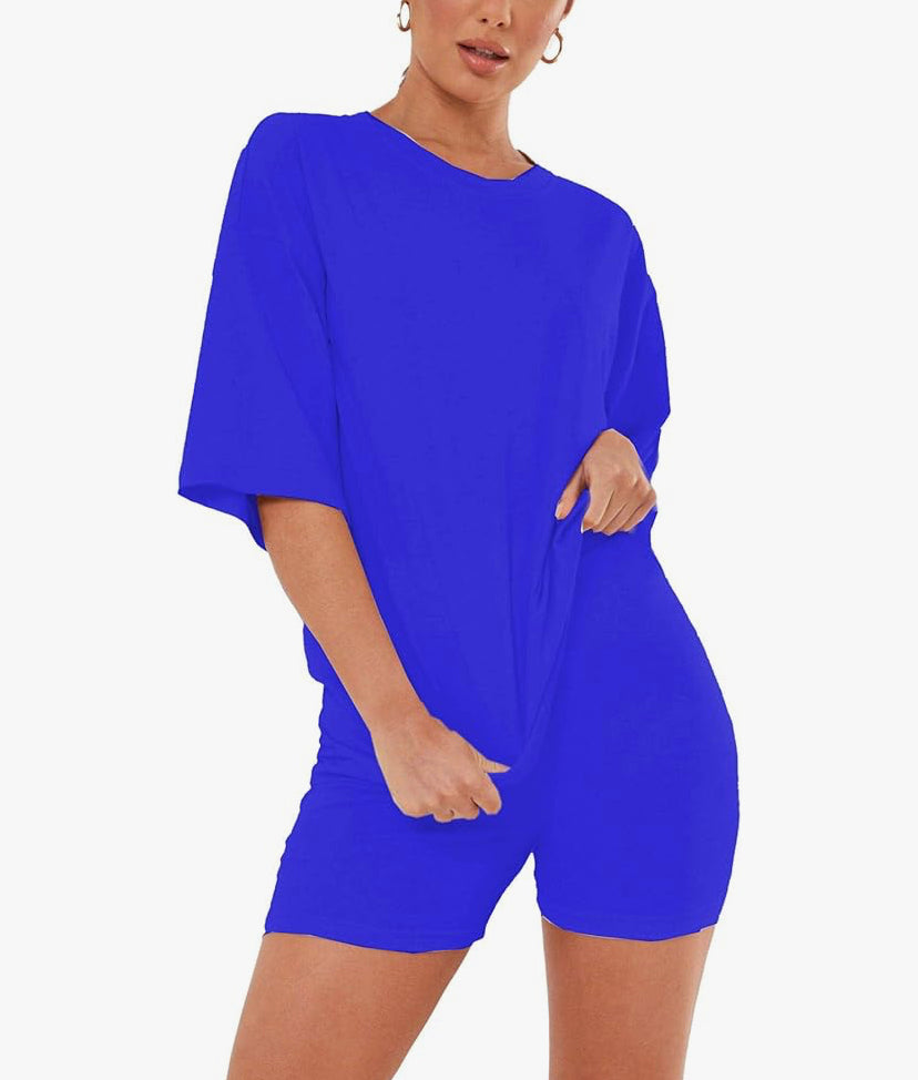 Womens Ladies New Plain Baggy Longline T-Shirt PJ Dress Cycling Shorts 2 Pcs Set Summer Lounge Wear