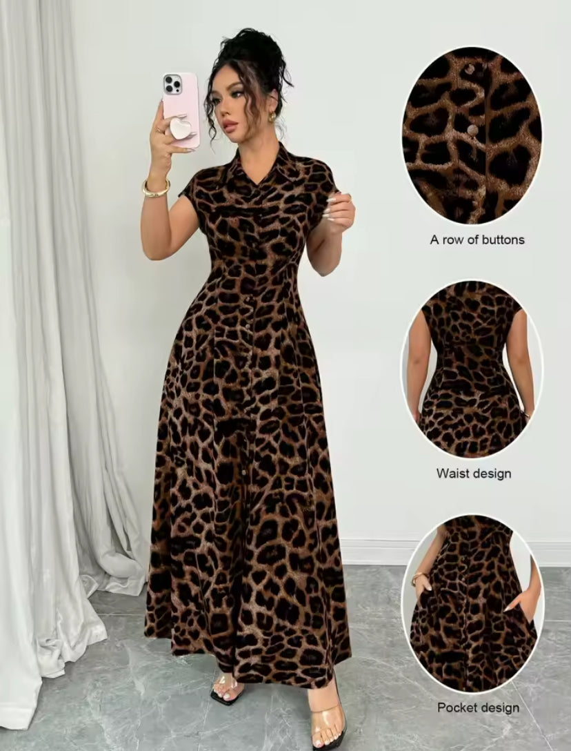 Women's Elegant Leopard Print Lapel Short-Sleeve Waist-Cinched Button Dress