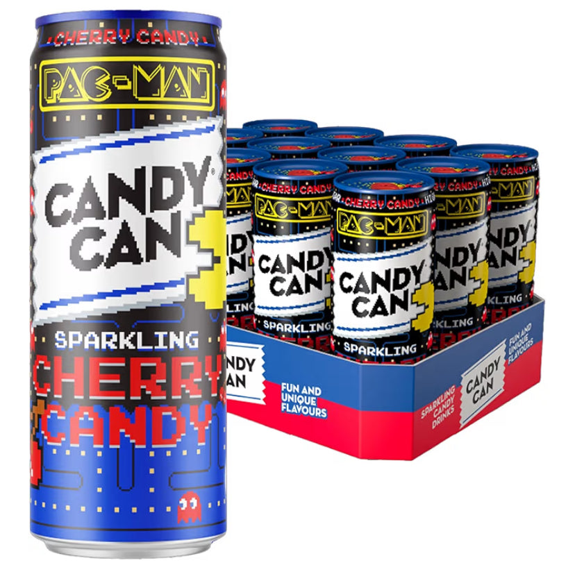 Candy Can, Pac Man Cherry Candy, Fizzy Drink, Nostalgic American Soda Flavours, Low Calorie, Sparkling Pop Cans (330ml x 12 Pack)