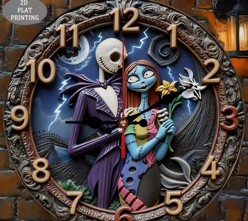 2D Flat, 1pc, Wall Clock, Featuring a 3D Sculpture of Jack and Sally, Themed Wooden Clock, Battery Not Included