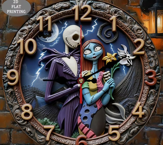 2D Flat, 1pc, Wall Clock, Featuring a 3D Sculpture of Jack and Sally, Themed Wooden Clock, Battery Not Included