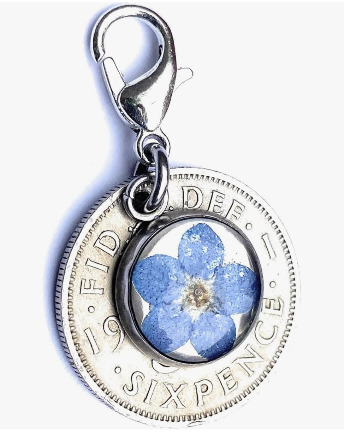 Forget-Me-Not Bridal Charm - Handmade Blue, Silver Sixpence Gift for Bride, Garter or Bouquet Accessory - Locally Pressed Forget Me Not Flower for Bridal Showers and Weddings