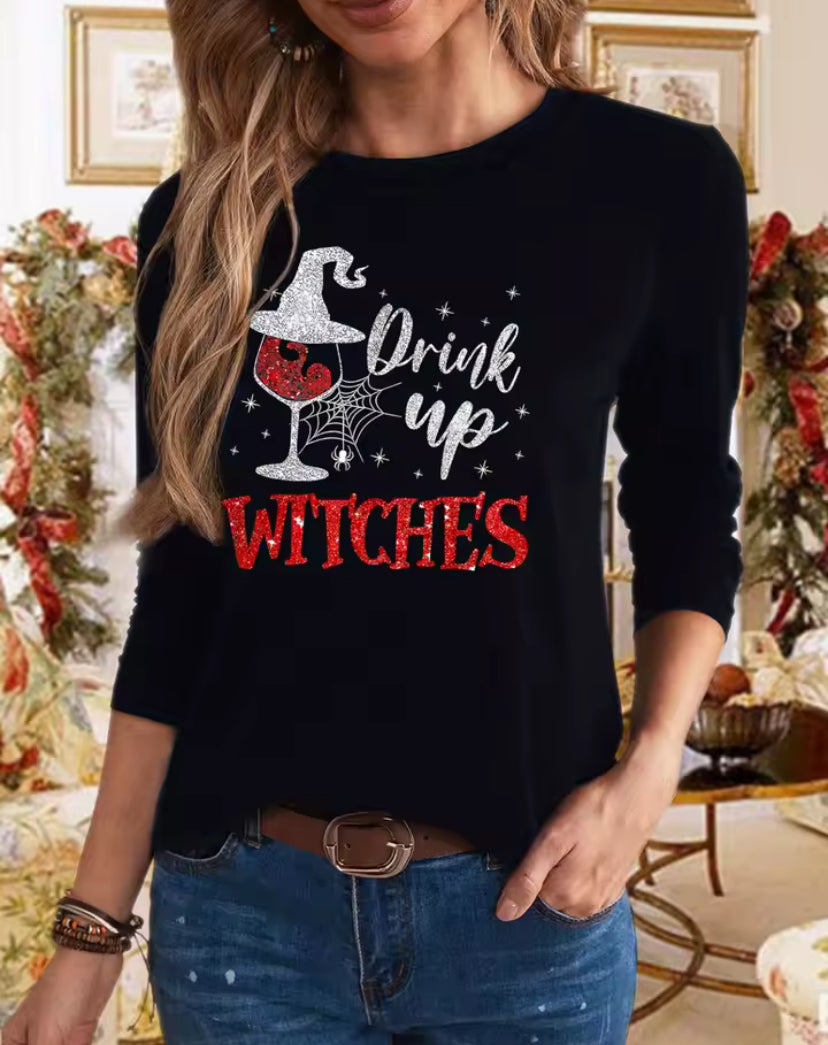 Women 100% Cotton Long Sleeve T-Shirt Drink Up Witches Witch Hat