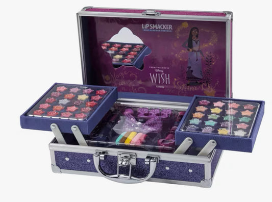 Lip Smacker Disney Wish Makeup Traincase, Disney Makeup Case for Kids, 50+ Pieces Makeup for Face, Lips, and Nails with Beauty Accessories for Hair and Makeup Included