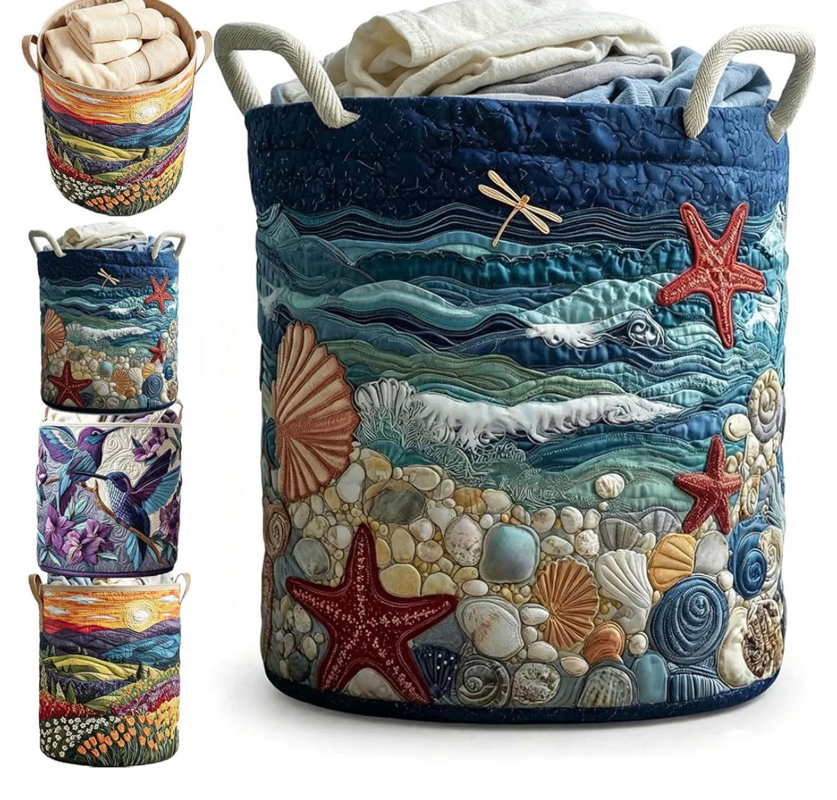 Quilted Laundry Basket With Handles,Large Foldable Fabric Hamper, Toys & Blankets (Ocean)