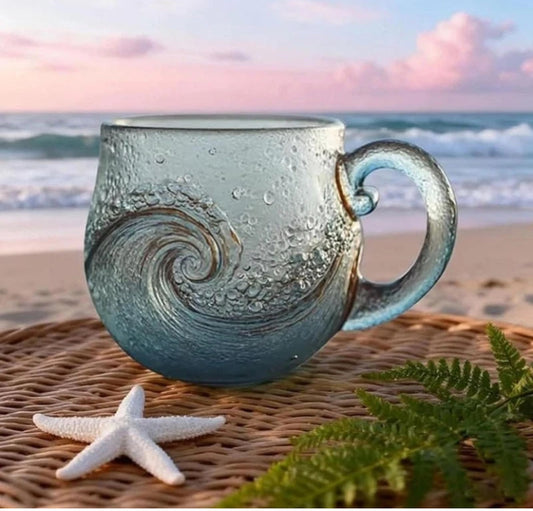 Sea Glass Wave Mug Handblown 12 Ounce Glass Drinkware for Tea Coffee and Wine