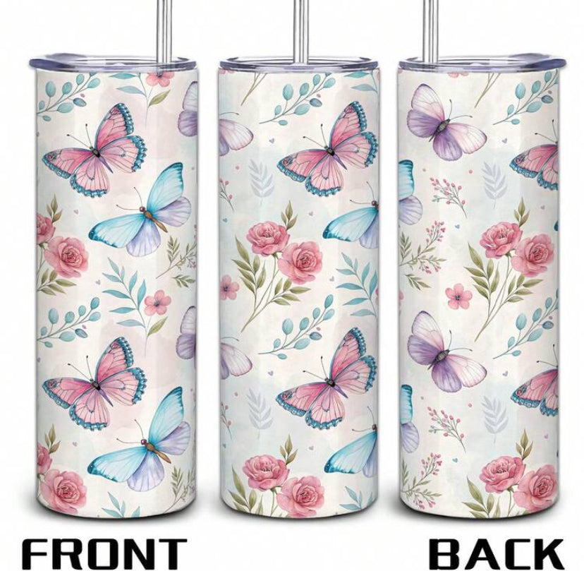 mikenda 1pc 20oz Stainless Steel Butterfly Rose Print Insulated Tumbler With Lid & Straw