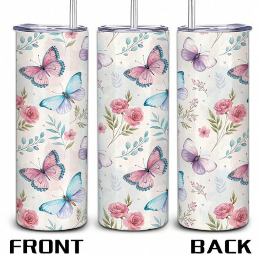 mikenda 1pc 20oz Stainless Steel Butterfly Rose Print Insulated Tumbler With Lid & Straw